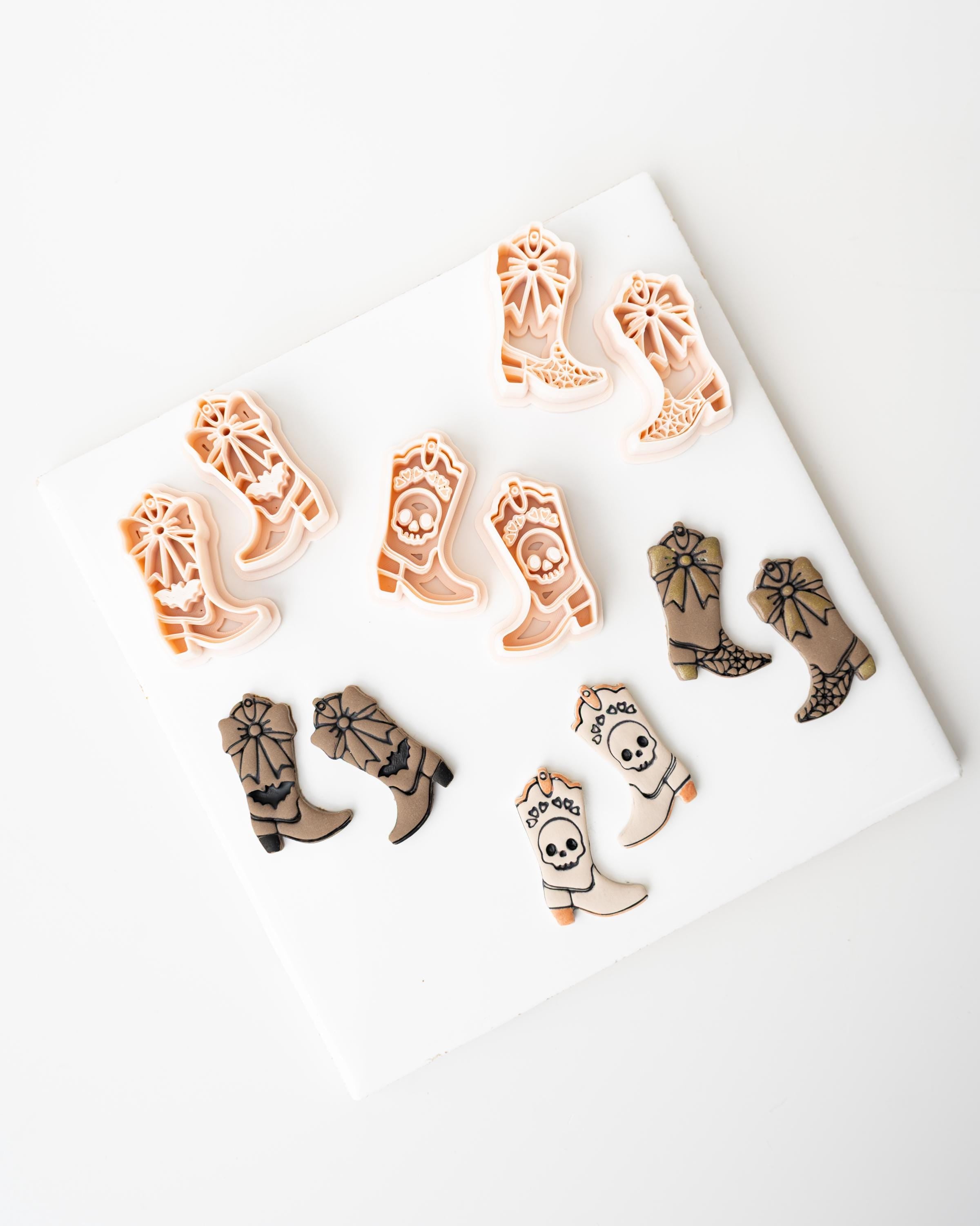 Halloween Cowboy Boots | Mirrored Set | Halloween Western styled clay cutter boot with spiderweb, skull and bat