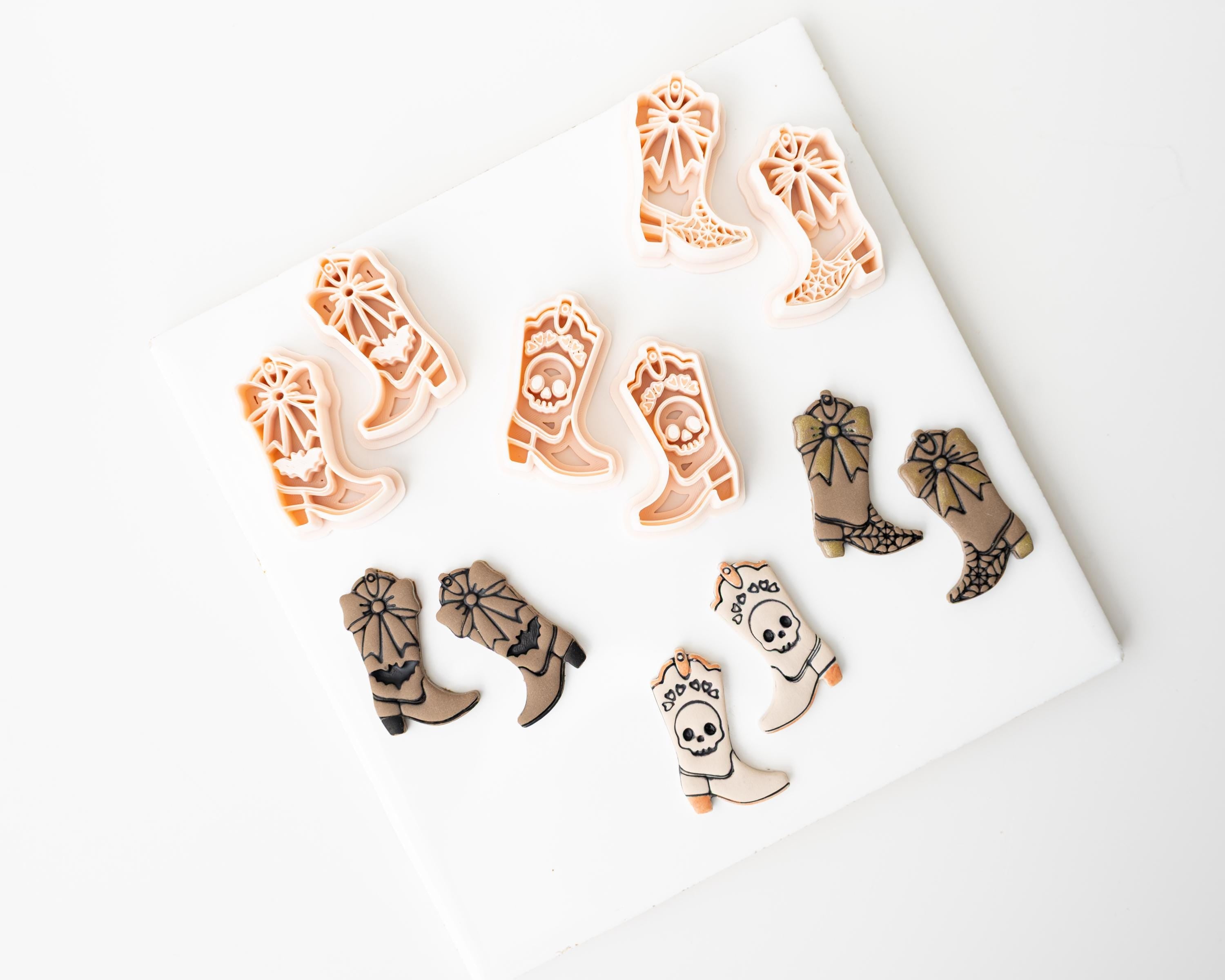Halloween Cowboy Boots | Mirrored Set | Halloween Western styled clay cutter boot with spiderweb, skull and bat