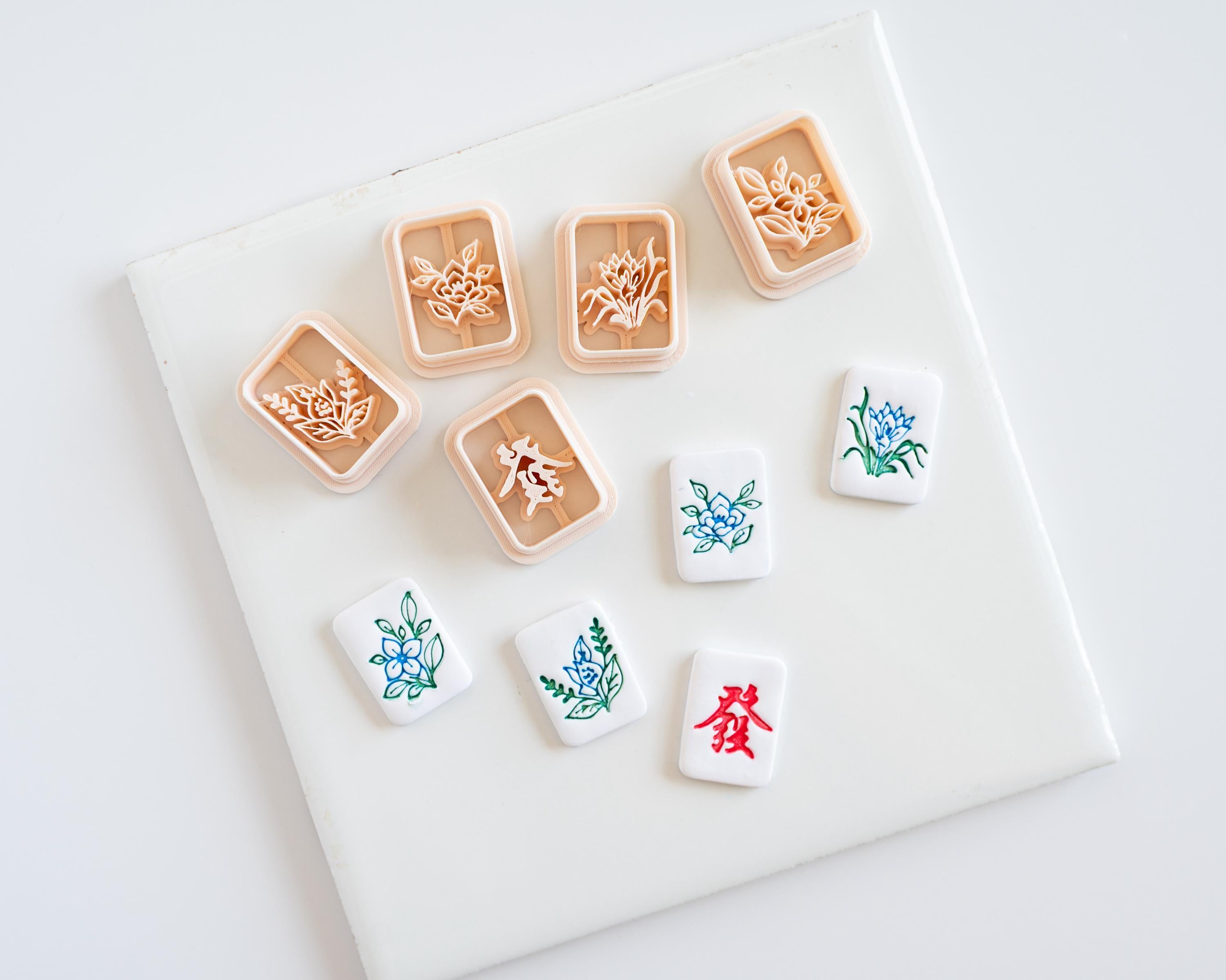 Mahjong Tile Clay Cutters, SET 3 Dragon/Seasons - Embossed (Set of 5 Designs)