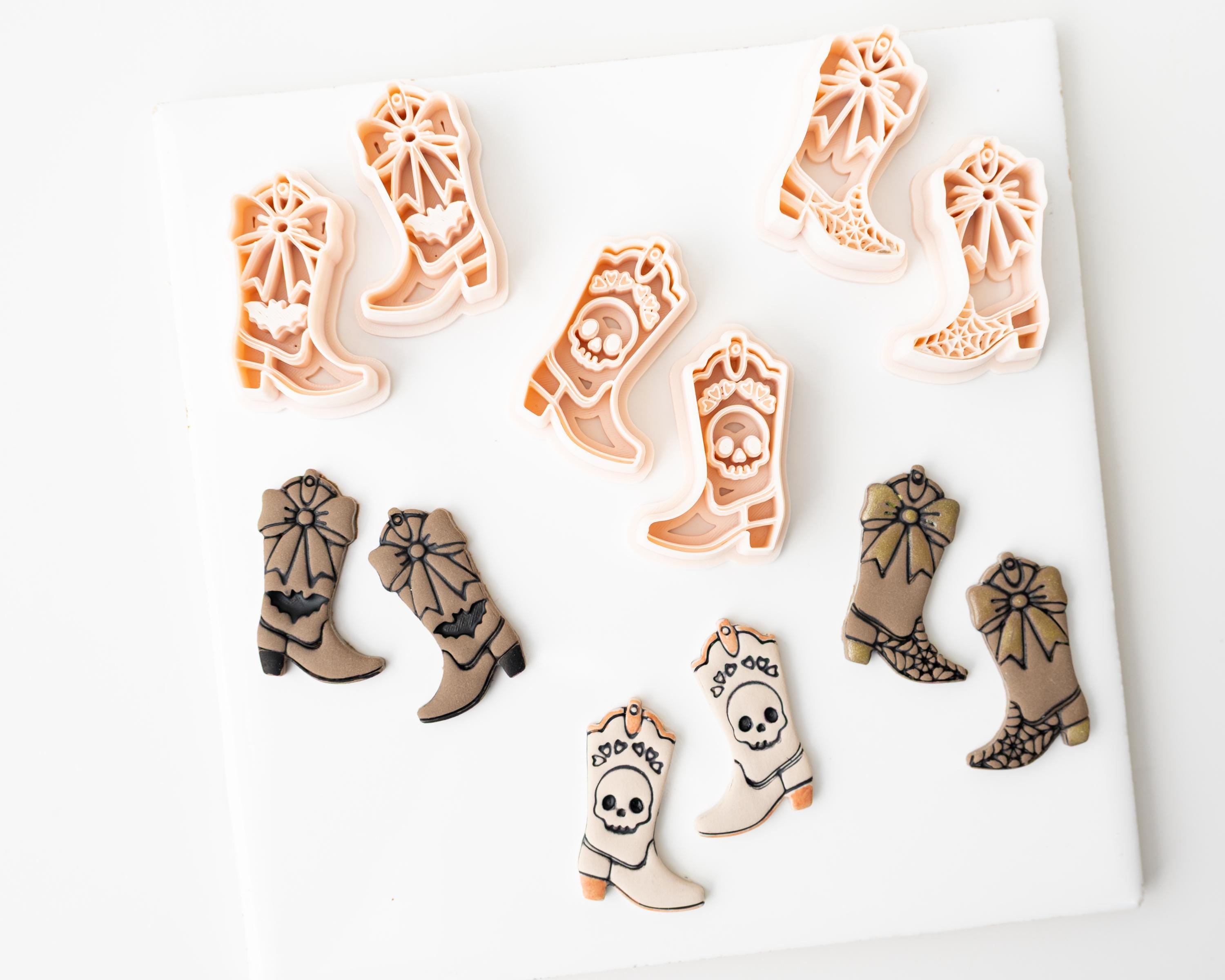Halloween Cowboy Boots | Mirrored Set | Halloween Western styled clay cutter boot with spiderweb, skull and bat