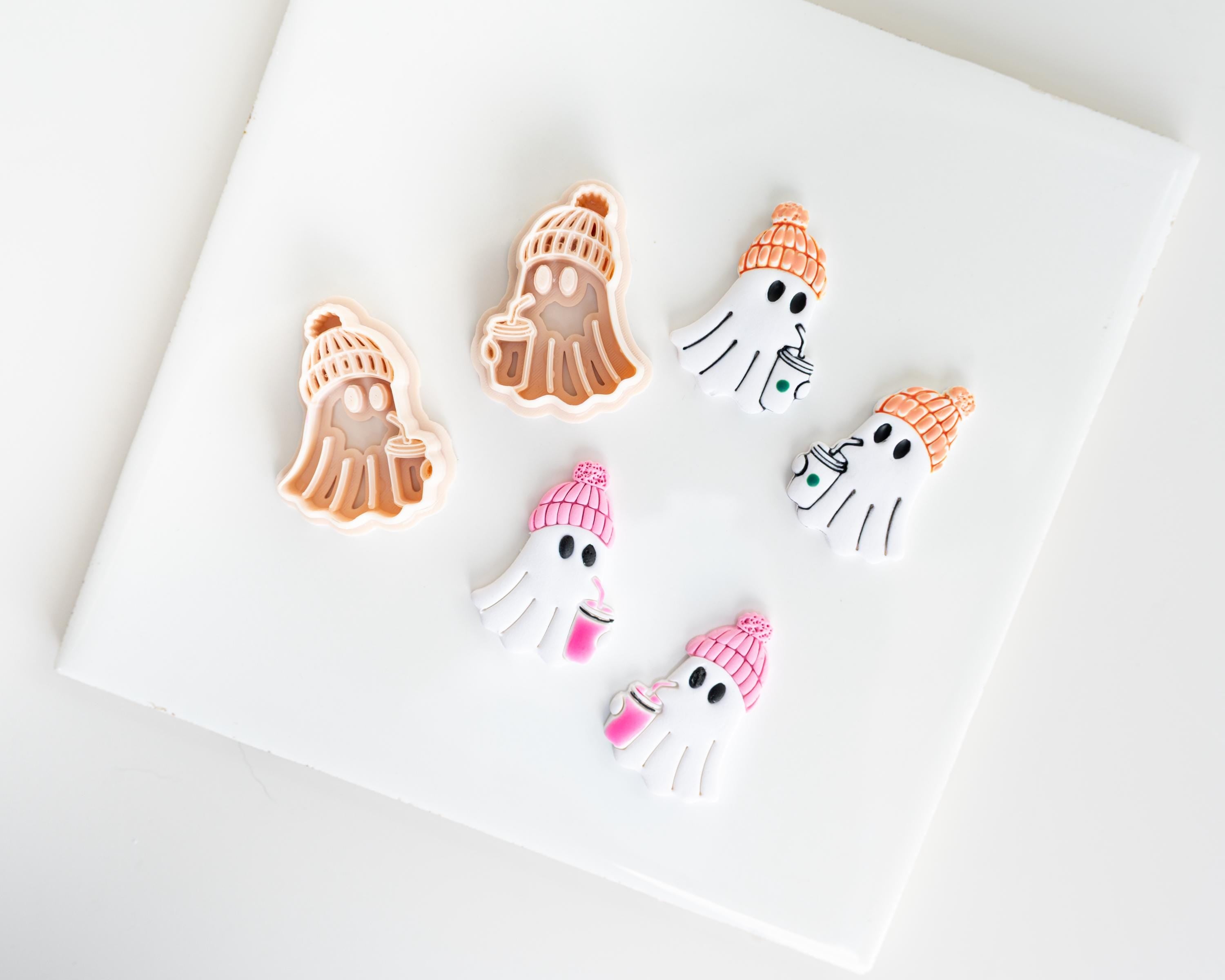 Hipster Ghost Holding Cup | Halloween styled clay cutter ghost with hat and drink