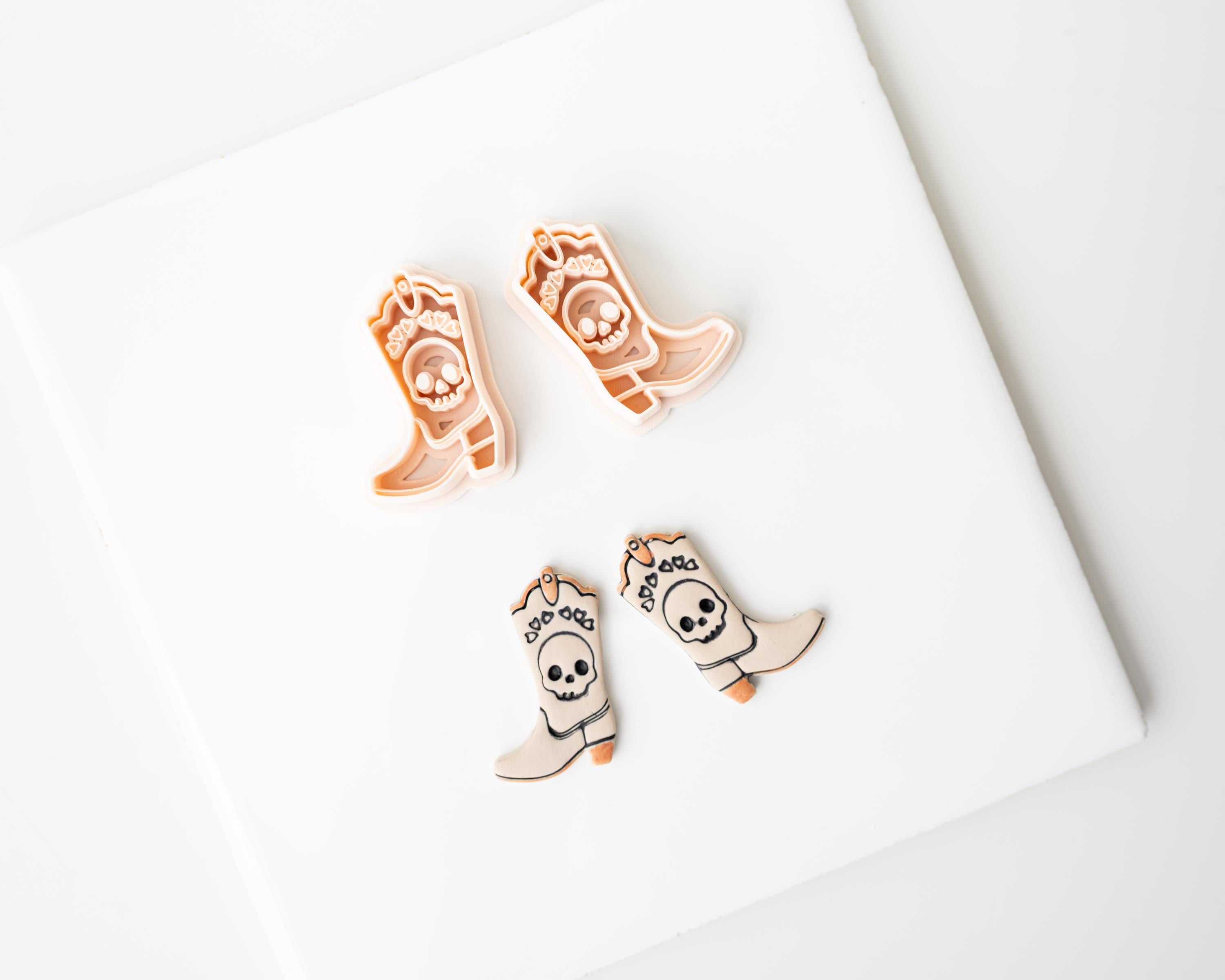 Halloween Cowboy Boots | Mirrored Set | Halloween Western styled clay cutter boot with spiderweb, skull and bat