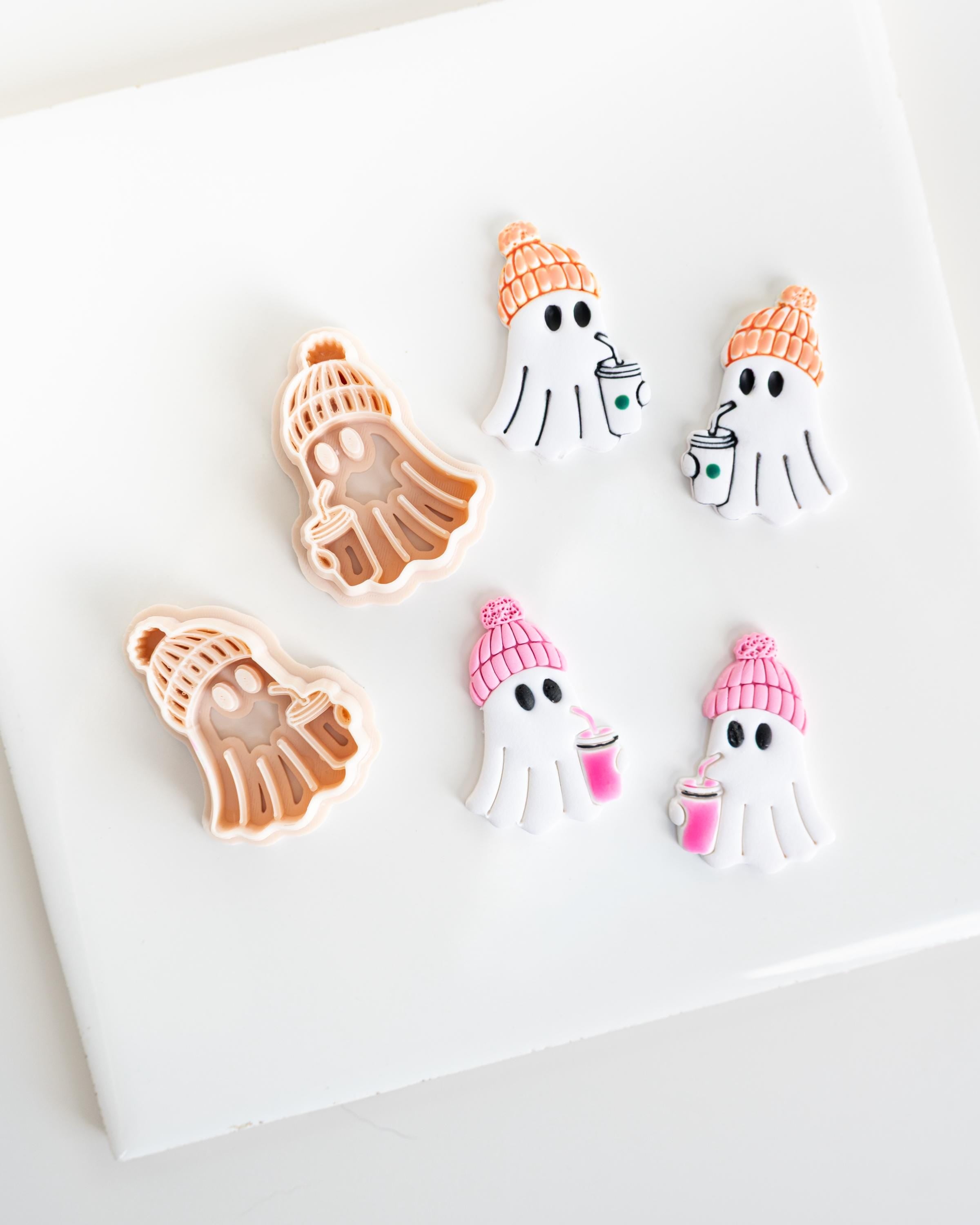 Hipster Ghost Holding Cup | Halloween styled clay cutter ghost with hat and drink