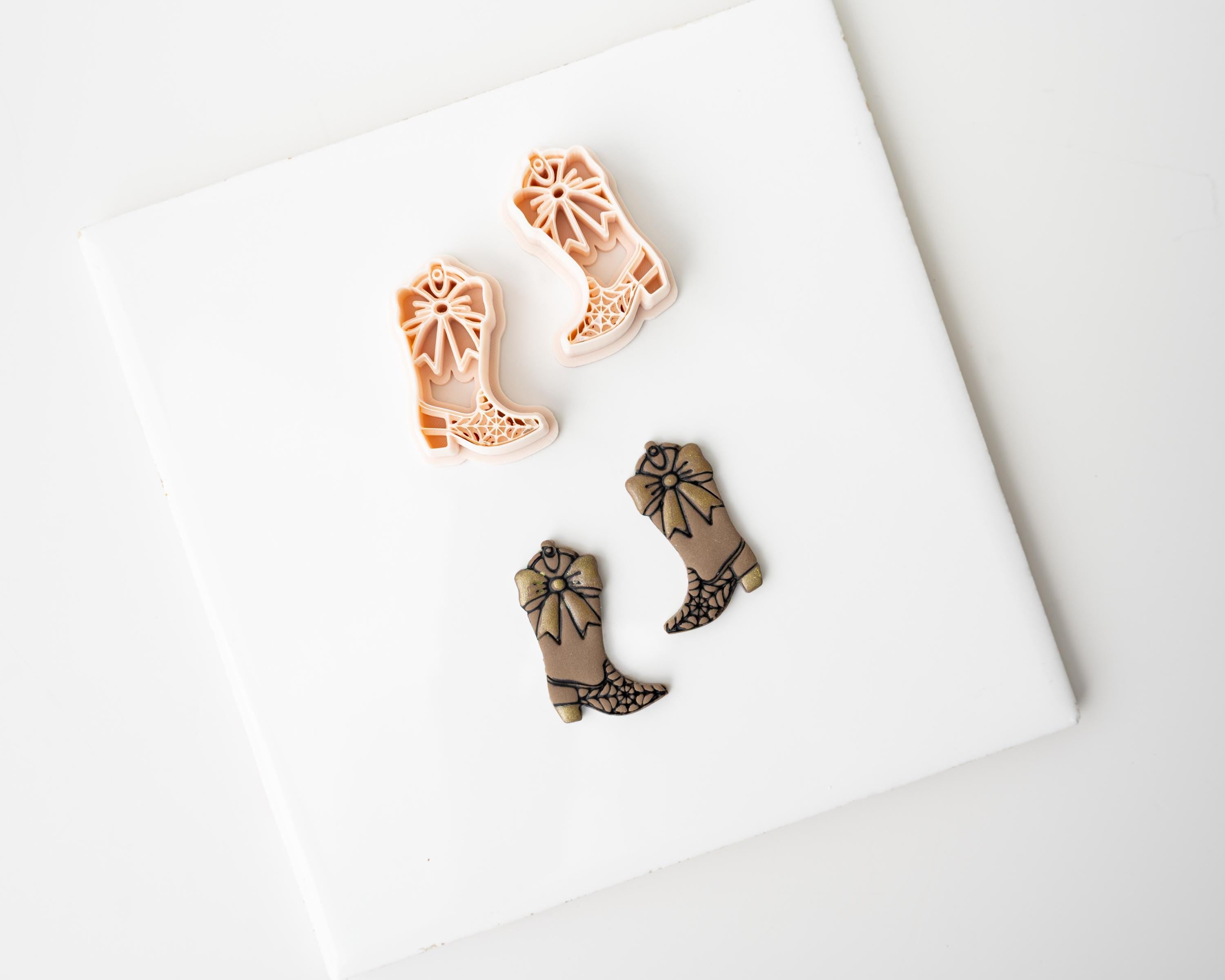Halloween Cowboy Boots | Mirrored Set | Halloween Western styled clay cutter boot with spiderweb, skull and bat