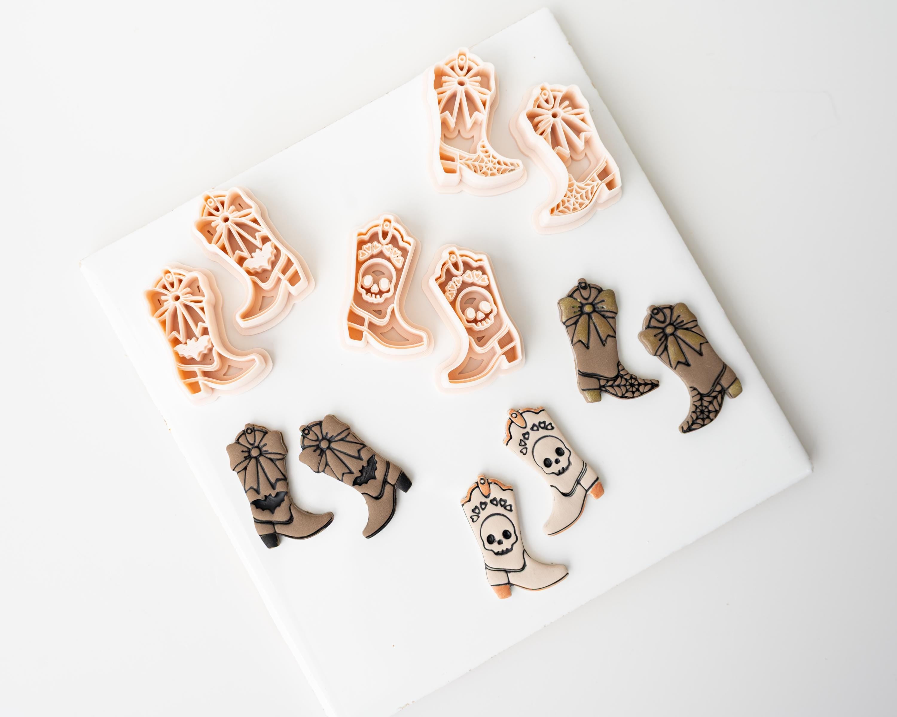 Halloween Cowboy Boots | Mirrored Set | Halloween Western styled clay cutter boot with spiderweb, skull and bat