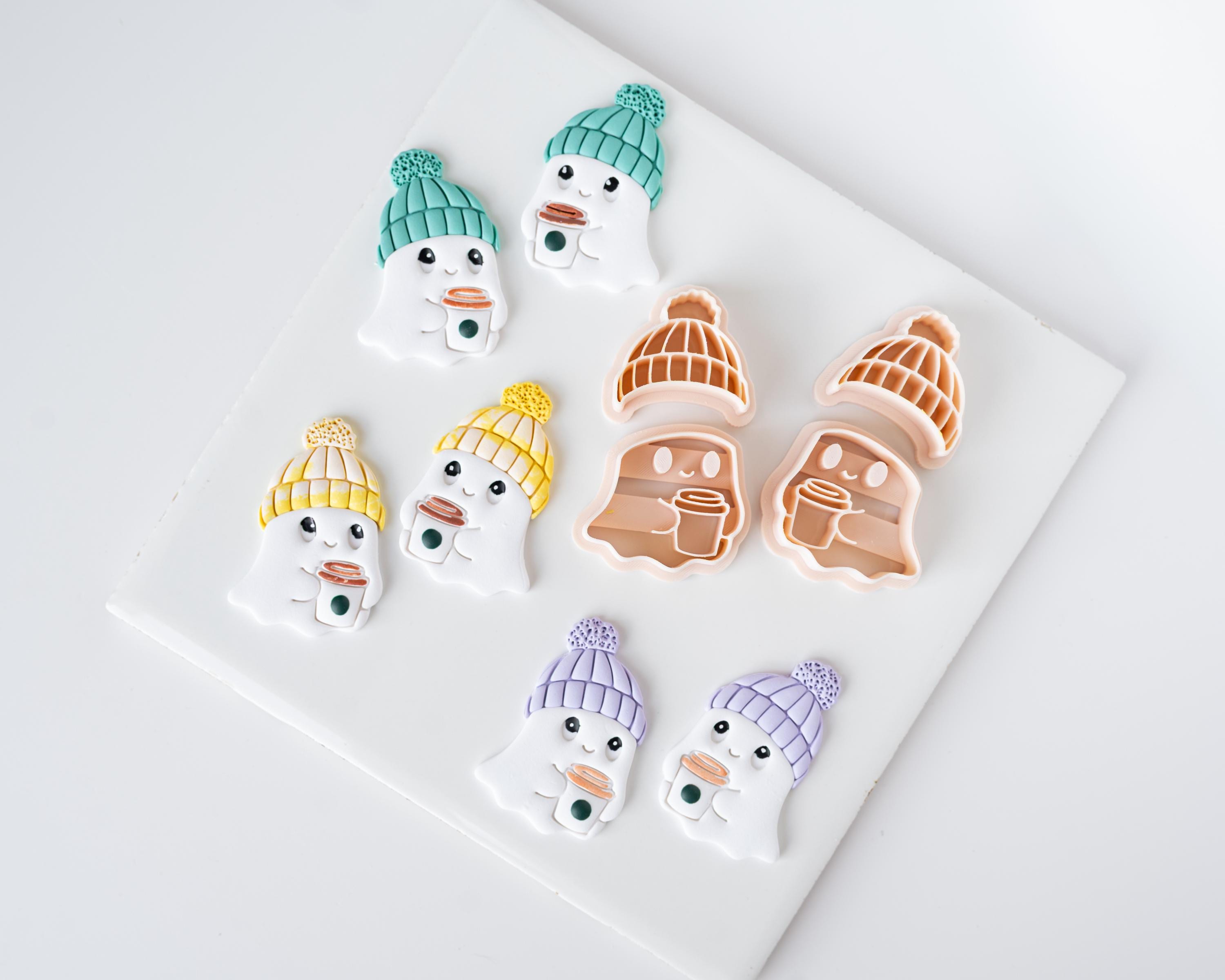 Cozy Ghost - Mirrored Clay Cutter Set for Halloween with Coffee Cup, Knit Hat