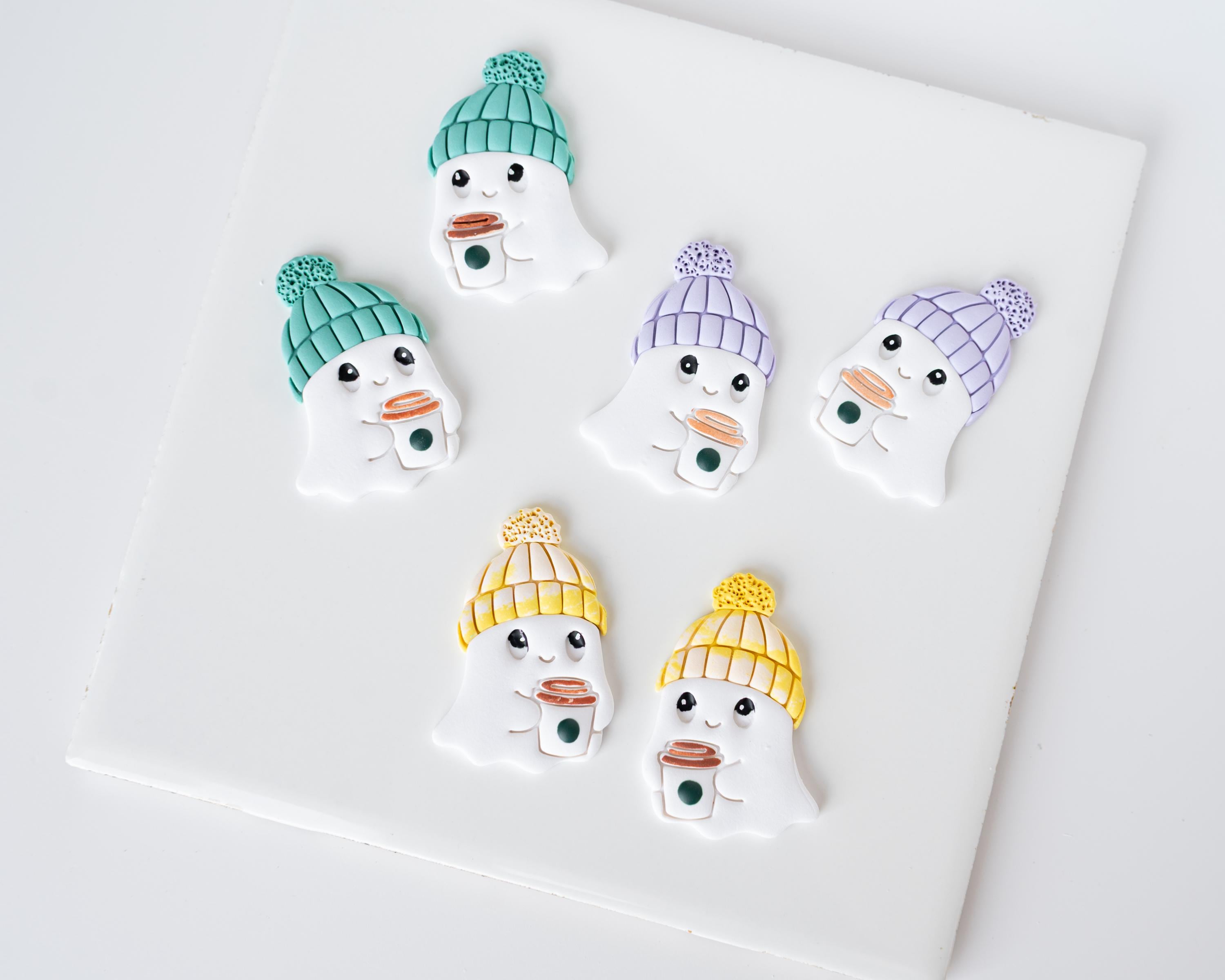 Cozy Ghost - Mirrored Clay Cutter Set for Halloween with Coffee Cup, Knit Hat
