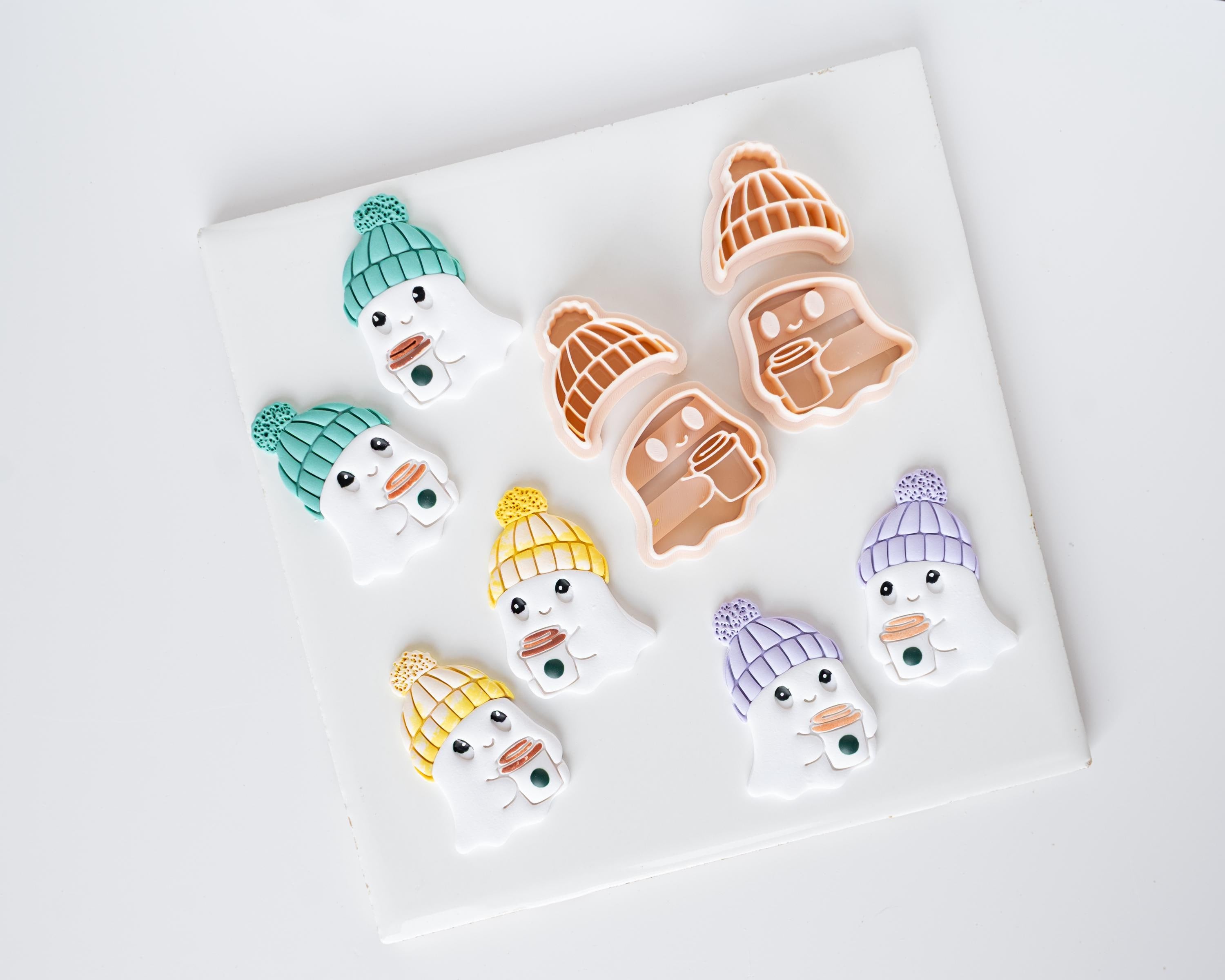 Cozy Ghost - Mirrored Clay Cutter Set for Halloween with Coffee Cup, Knit Hat
