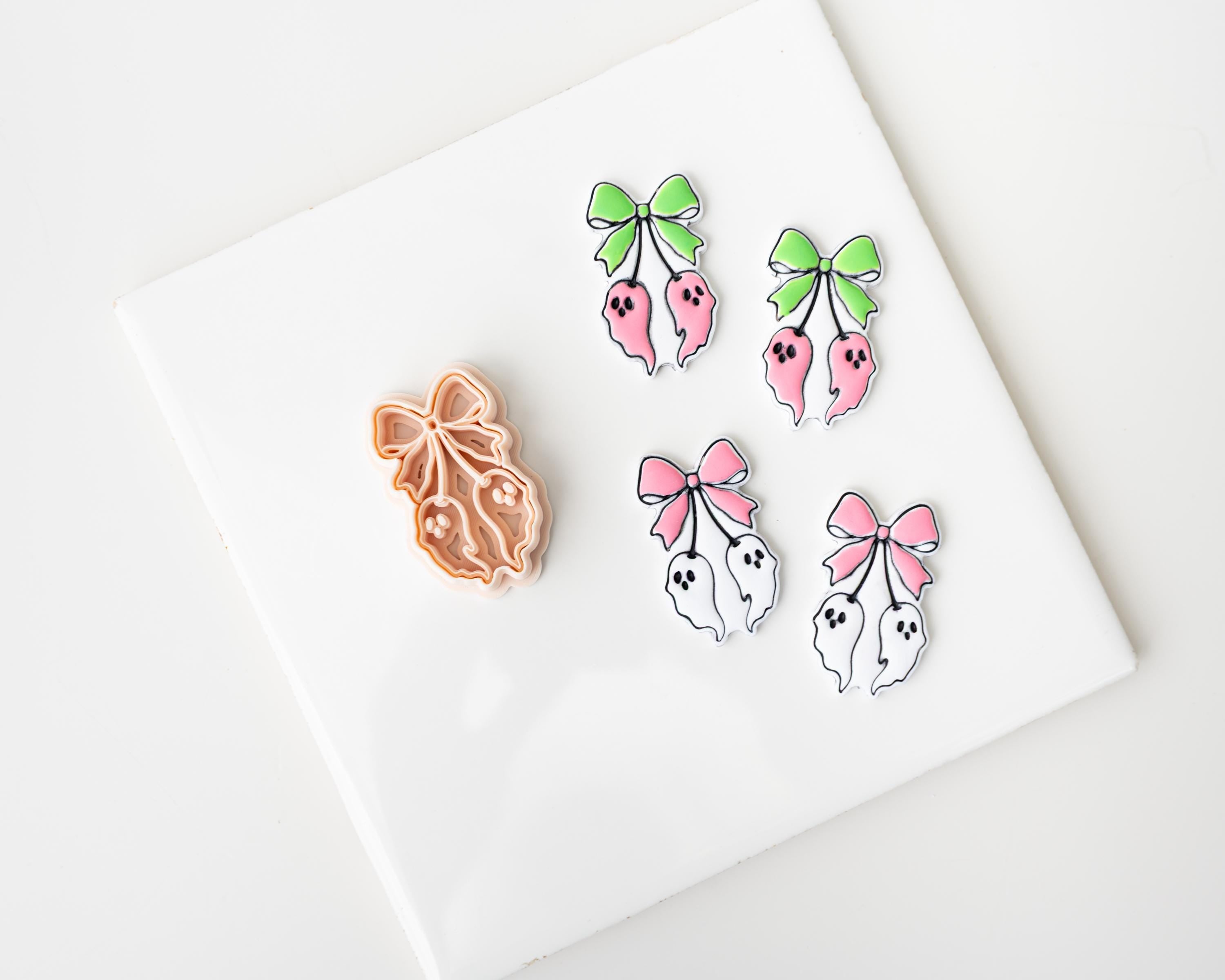 Cherry Ghost with Bow | Halloween styled clay cutter with hanging ghosts