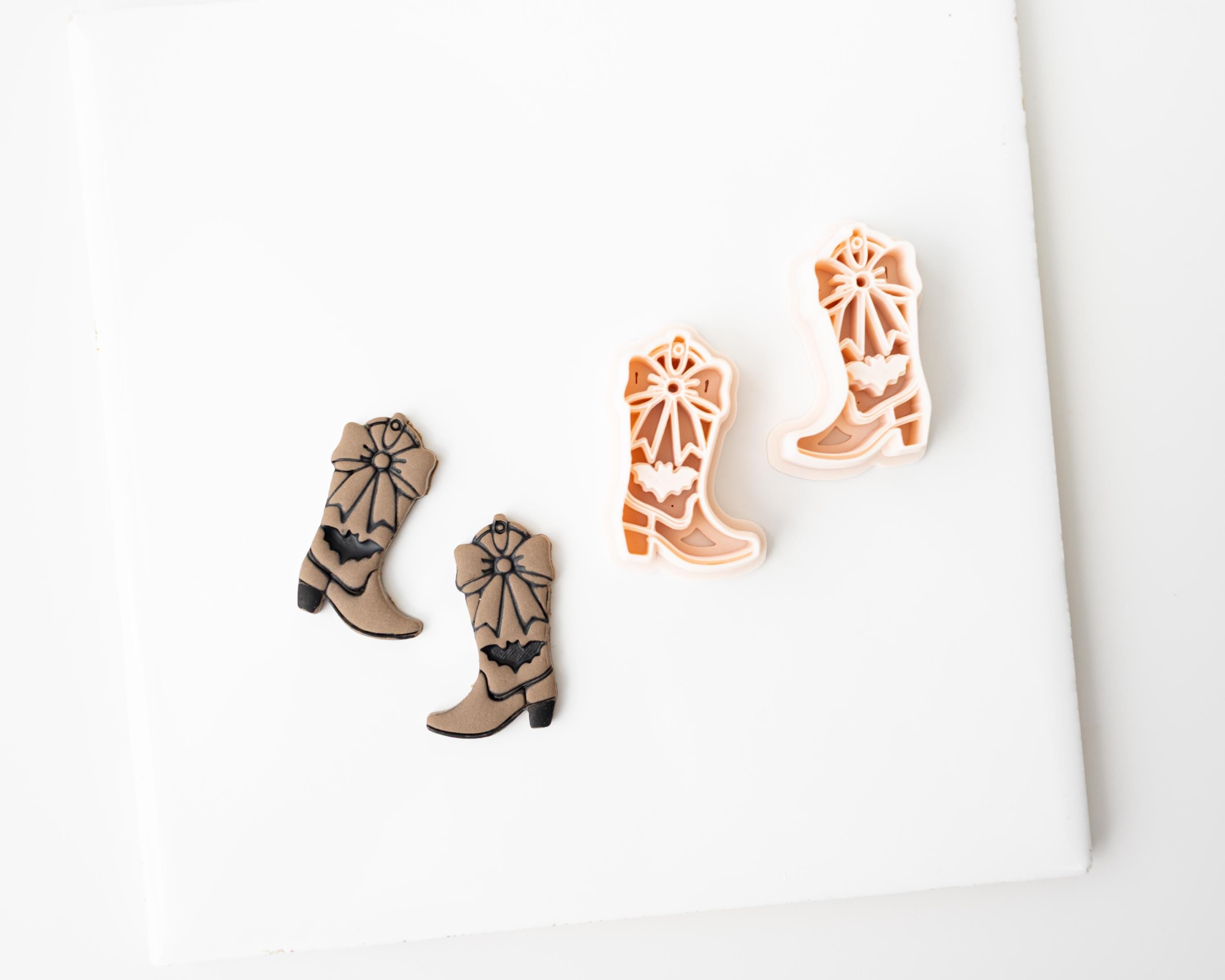 Halloween Cowboy Boots | Mirrored Set | Halloween Western styled clay cutter boot with spiderweb, skull and bat