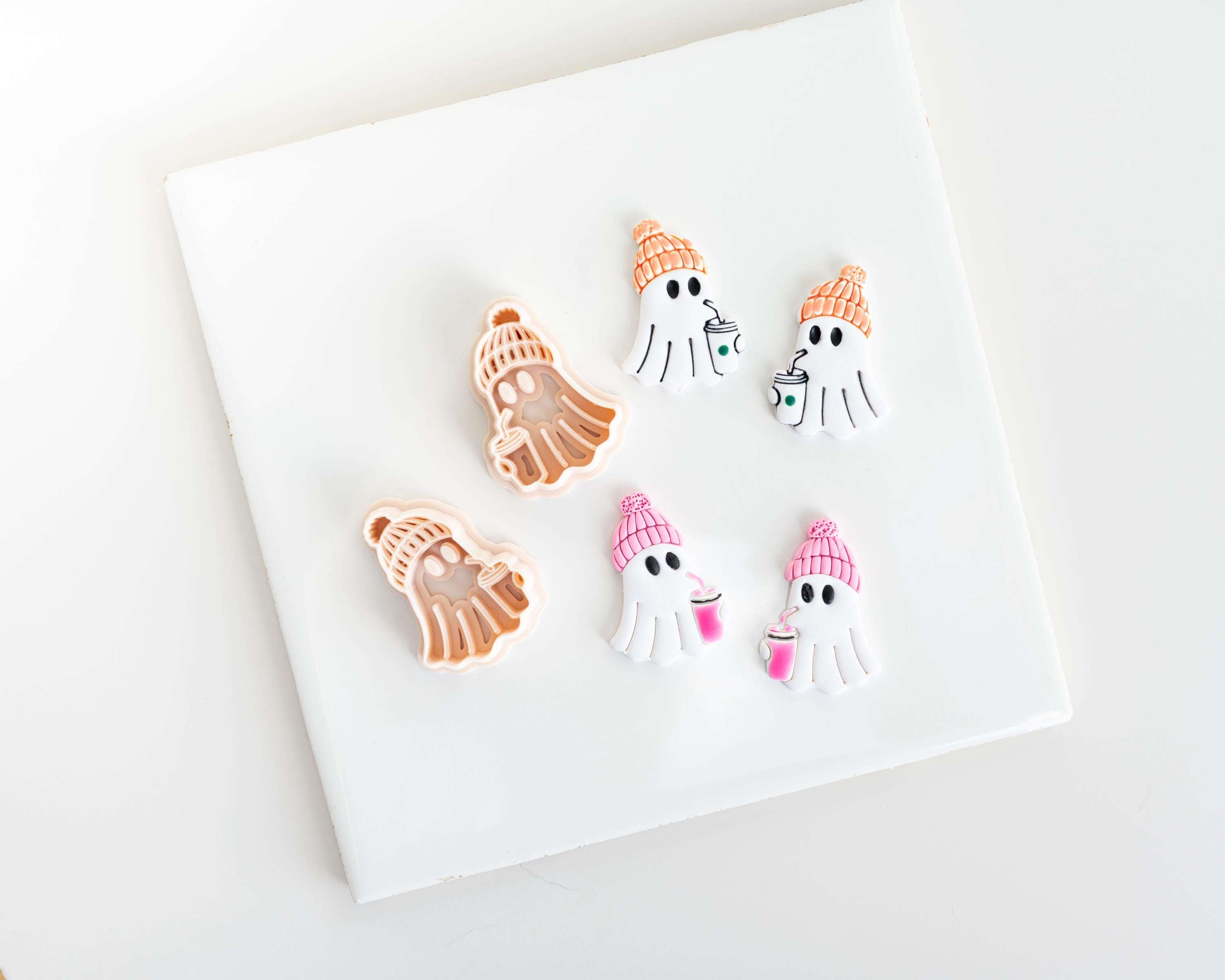 Hipster Ghost Holding Cup | Halloween styled clay cutter ghost with hat and drink