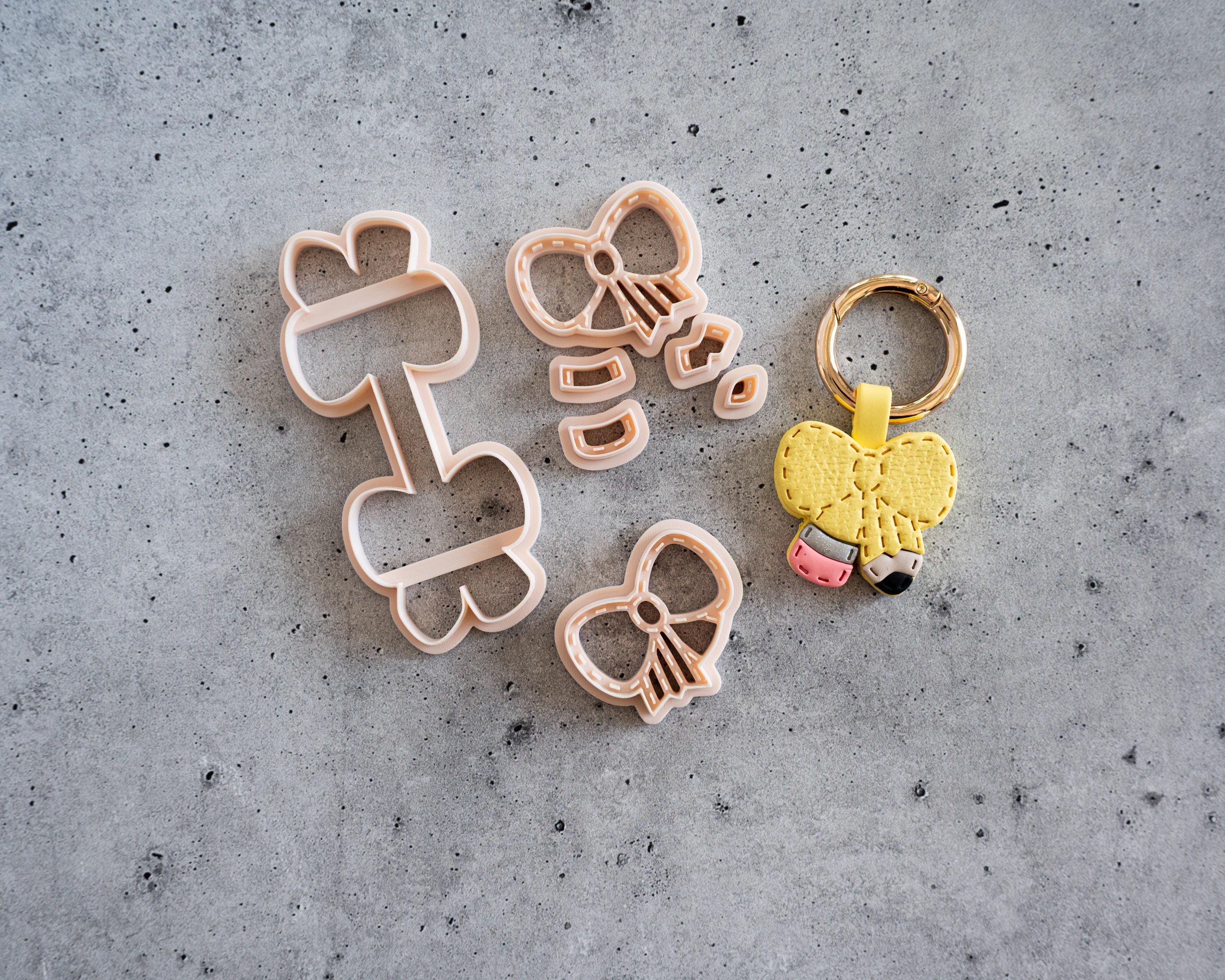 Pencil Bow - Stitched Clay Leather Effect Keychain - Ribbon